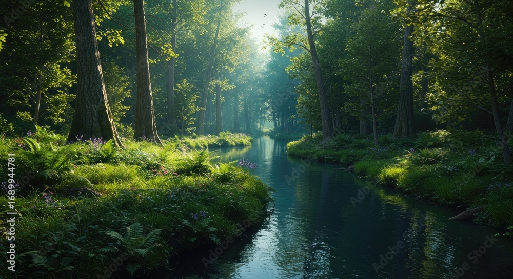 Obraz premium Serene Forest Stream Bathed in Golden Sunlight