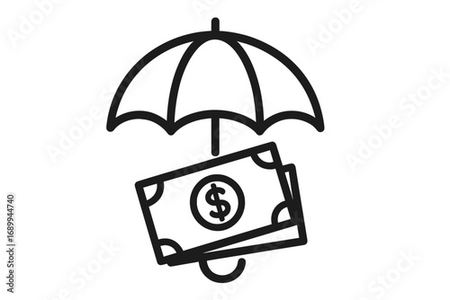 Money under umbrella metaphor for financial protection and security. Vector icon of cash savings, investment insurance, wealth management, and asset safety concept.