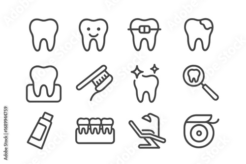 Minimalistic Line Icon Set of Tooth, Dentistry, Braces, Dental Care, Cleaning, Oral Health, Toothbrush, Dental Chair, Floss - Vector Pictograms for Web, Apps, Banners, Social Media, Graphic Design