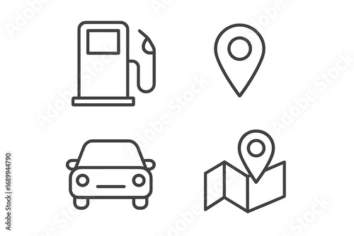Thin Line Gas Station, Car, Road Map and Location Pin Icon Set. Editable Stroke Vector. Travel Navigation, Transport Services, GPS, Route Planning. Simple Web, Book, App, Card Graphic Resource.