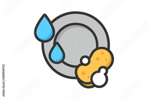 Washing dishes icon. Cleaning plate with sponge, soap foam and water drops. Dishwashing vector illustration. Housework, domestic chores, hygiene concept for web and apps.