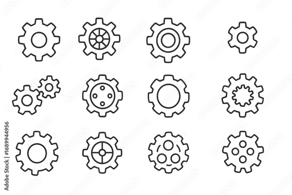 Cogwheel and gear thin line icons collection. Vector pictogram set. Editable stroke. Mechanism, engineering, and technology symbols. Settings, options, process, development concept. Cogwheel and gear thin line icons collection. Vector pictogram set. Editable stroke. Mechanism, engineering, and technology symbols. Settings, options, process, development concept.