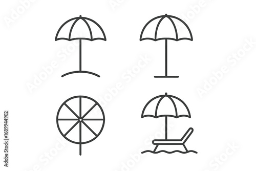 Parasol Sunshade Umbrella Beach Protection Thin Line Icon Set, Editable Stroke Vector Illustration for Websites, Apps, Cards, Summer Outdoor Relaxation and Shade