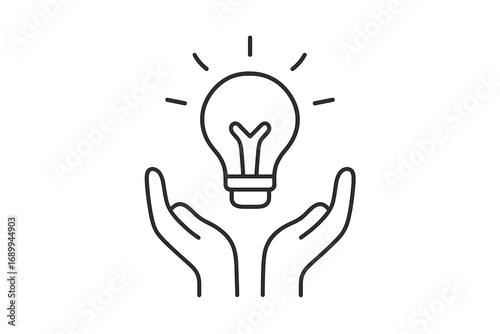 Concept of a new idea and creativity. Hands holding a shining lightbulb. Metaphor for innovation, solution, and inspiration. Minimalist line icon for web, apps, and design.