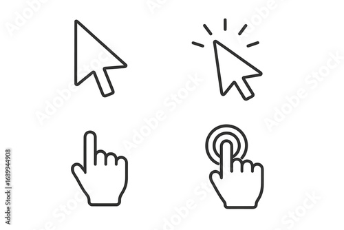 Cursor icon set with arrow and hand pointer. Line art vector collection for click, tap, press, and select action. UI and UX design elements. Editable stroke icons.