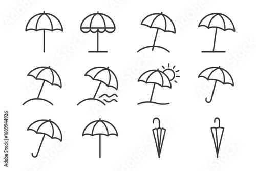 Parasol and Sunshade Umbrella Vector Icon Set, Beach Protection Thin Line Icons Collection, Editable Stroke Cartoon Illustrations for Websites, Apps, Cards, Summer Outdoor Design