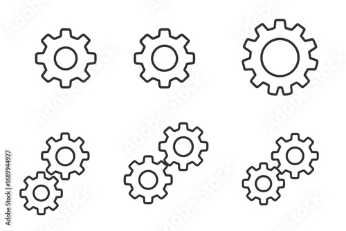 Gear and cogwheel outline icon set. Simple linear vector collection. Metaphor for settings, mechanism, process, engineering, technology, system, connection and teamwork.