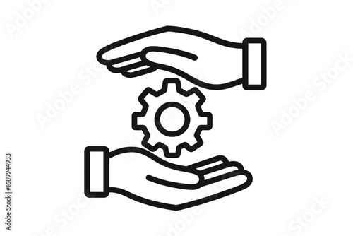 Gear in hands thin line icon. Business and industrial process management concept. Technical support, maintenance, engineering solution. Technology development, innovation, progress.