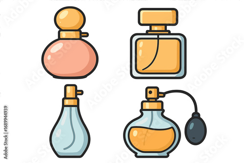 Perfume bottle icon set. Vector cartoon collection of fragrance, cologne, and scent flacons. Flat design illustration for beauty, cosmetic, and fashion concepts. Atomizer spray.