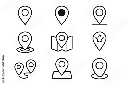 Location Map Pin Thin Line Icon Set. Outline Geotag Symbols for Navigation, Web and App Design, GPS Marker Signs, Destination, Route, Place, Map Pointer Elements, Vector Illustration