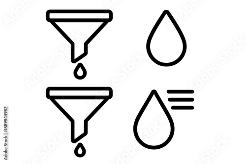 Filter icon set. Funnel with drop outline symbol. Water purification or data sorting concept. Linear pictogram for web design, apps, and user interface. Vector illustration.