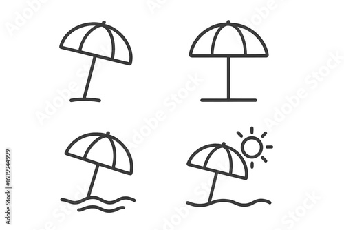 Parasol and Sunshade Icon Set for UI, Beach Protection Umbrella Vector Graphics, Editable Stroke Cartoon Style, Perfect for Websites, Apps, Cards, Books, Summer and Outdoor Themes