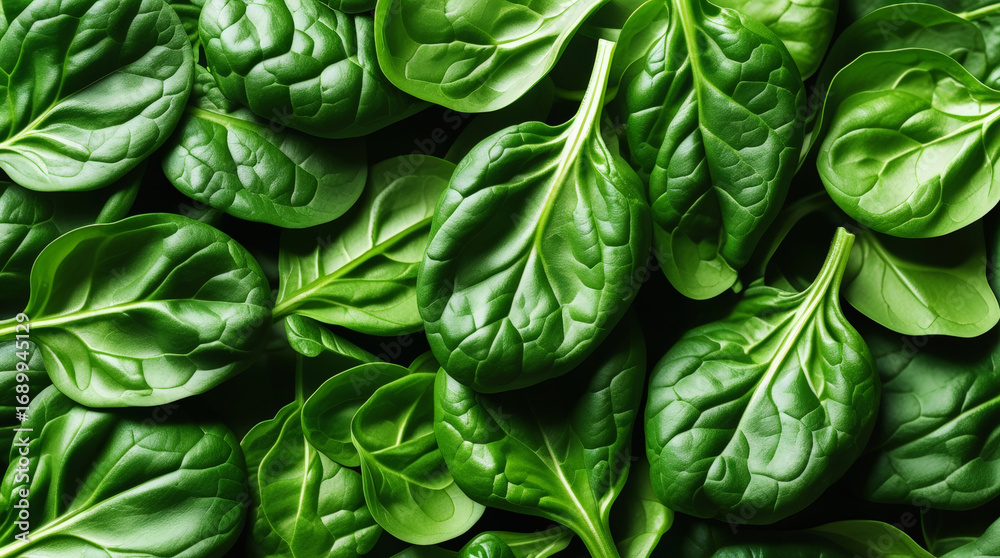 Obraz premium Fresh organic spinach leaves close up, healthy green vegetable background for diet, vegan cooking and nutrition concepts