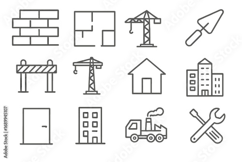 Construction line icon set. Building industry thin line icons. Vector symbols for architecture, engineering, and real estate. Includes crane, floor plan, brick wall, and tools.