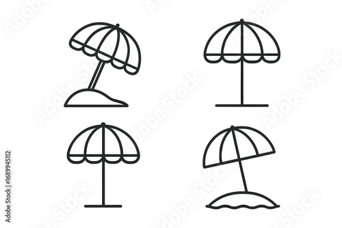 Vector collection of parasol sunshade umbrellas at the beach, simple outline linear designs, summer protection, editable stroke icons perfect for web, apps, cards, and print