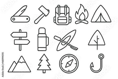 Camping and hiking line icon set. Outdoor adventure, travel and tourism elements. Vector collection for design. Tent, campfire, backpack, compass, mountains, forest, kayak.