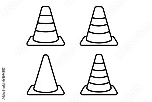 Traffic cone vector icon set. Road pylon symbol collection. Under construction sign. Safety, caution, warning, attention concept. Street work. Editable stroke line art.