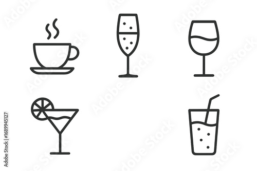 Beverage icon collection. Coffee, tea, wine, champagne, cocktail, soda drink line icons. Minimalist vector symbols for bar menu, cafe, restaurant. Editable stroke pictogram set.