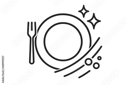 Clean plate and fork icon. Dishwashing, washing dishes concept. Minimalistic thin line vector for web design, apps, banners. Hygiene, kitchen chores, sparkling clean cutlery.