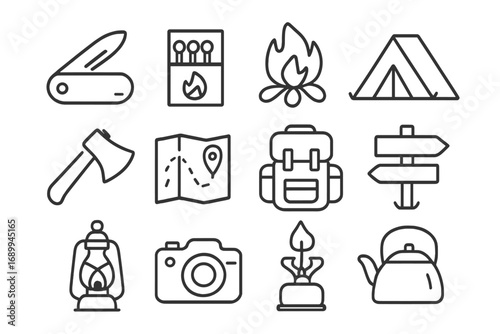 Camping and hiking line icon set. Outdoor adventure and travel equipment symbols. Vector collection of tent, campfire, backpack, map, and axe icons for web and graphic design.