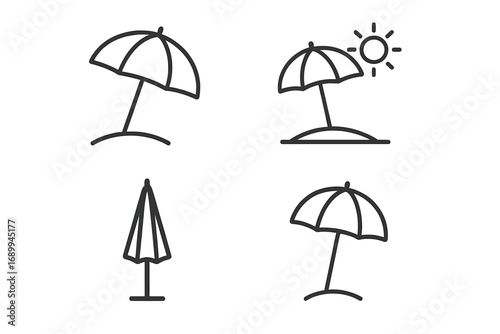 Parasol and Beach Umbrella Icon Set, Sunshade and Protection Symbols, Editable Stroke Vector Illustrations for Web, Apps, Cards, and Print, Summer Leisure and Outdoor Shade Design
