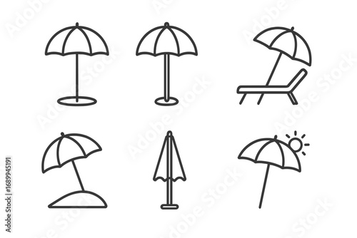 Parasol and Sunshade Icons Set, Beach Umbrella Protection Line Art for Websites, Apps, Cards, Books, Editable Stroke Vector Graphic Elements for Summer and Outdoor Designs