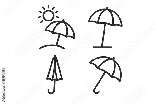 Parasol and Umbrella Icon Set for Beach Protection and Sunshade, Editable Stroke Vector Cartoon Illustration, Perfect for Websites, Apps, Books, Cards, Summer and Outdoor Use