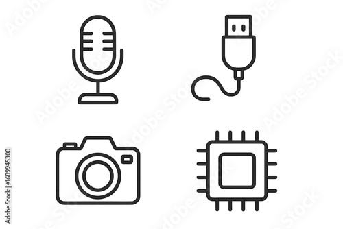 Linear Electronic Device Icon Set Microphone USB Cable Camera Chip Outline Collection Editable Stroke Perfect for Technology Infographics Web Apps Mobile Banners Flyers Vector Illustration