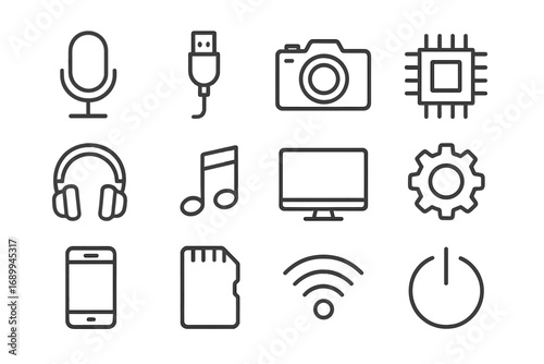 Technology Device Icon Set Microphone USB Camera Chip Headphones Monitor Smart Phone WiFi Power Editable Stroke Line Art Symbols for Infographics Web App Banner Flyer Vector Collection