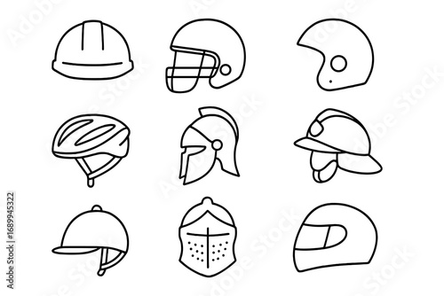 Helmet icon collection. Line art set of headgear for safety, sport, and work. Includes construction, motorcycle, football, bicycle, knight, and gladiator helmets. Vector icons.