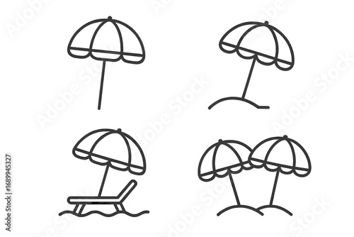 Parasol and Sunshade Icons Set, Beach Umbrella Vector Illustrations, Summer Protection Symbols, Editable Stroke Thin Line Art for Websites, Apps, Cards, and Travel Graphics