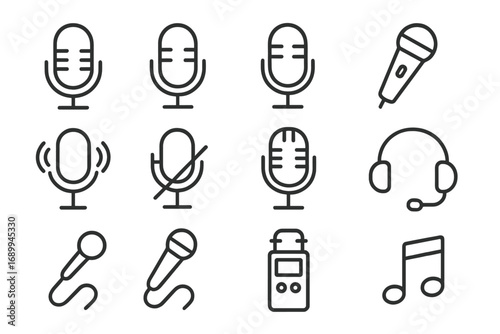 Microphone Line Icon Bundle. Outline Microphone, Audio Recording, Podcast, Broadcast, Headset, Music Note, and Sound Equipment Symbols for Graphic Design, Apps, Web, Advertising. Vector Set