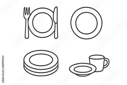 Dishware line icon set. Plate with fork and knife, stack of plates, cup and saucer outline symbols. Kitchen tableware for restaurant, cafe menu. Minimal vector illustration collection.