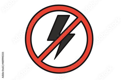 No electricity sign vector icon. Power outage, blackout symbol. Lightning bolt in red prohibition circle. Electrical hazard warning. Danger high voltage graphic illustration.