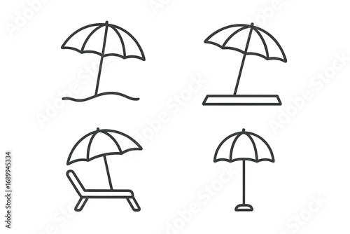 Set of thin line icons of parasol, sunshade, umbrella, beach protection accessories, summer holiday essentials, editable stroke vector cartoon illustrations perfect for websites, books, and apps