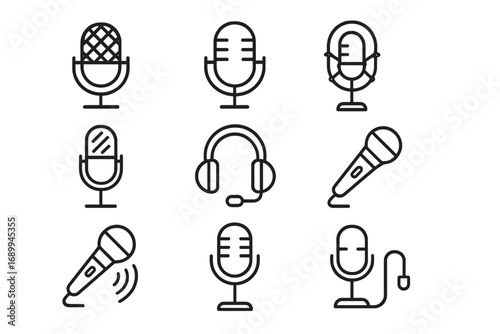 Microphone line icon bundle, audio recording outline set, podcast and broadcasting equipment symbols, vector design for web, apps, advertising, sound editing, transparent background illustration
