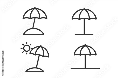 Parasol and Beach Umbrella Icons Set, Simple Line Art for Sunshade and Protection, Illustrations for Summer, Relaxation, Outdoor Leisure, Web, Apps, Cards Design