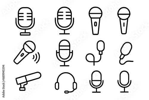 Microphone line icon bundle. Outline microphone icons set. Vector audio recording, podcast, karaoke, broadcast, headset, and music mic symbols for app UI, web, business, technology, communication.