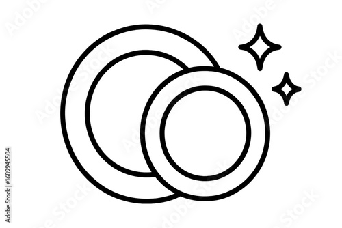 Clean plates icon. Shiny dishwashing symbol. Kitchen hygiene and household chores concept. Vector line art illustration for web, apps, and print. Utensil cleaning sign.