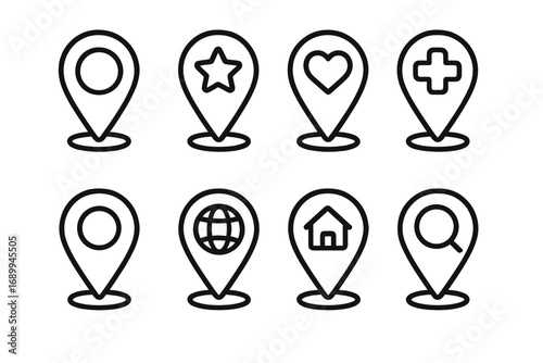Map Pin Location Line Icons Set. Outline Geotag Markers for Map Application, Navigation, Favorite, Home, Search, Globe, Medical, Web Design. Vector Illustration Isolated Transparent Background