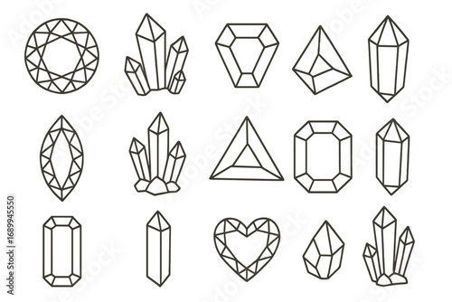 Diamond gem line icon set. Collection of crystals, precious stones, and gemstones with different cuts. Vector outline illustration of jewels. Brilliant, emerald, and heart shapes for logo.