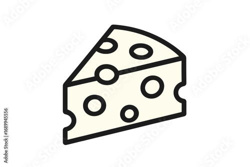 Simple cheese wedge icon. Vector cartoon illustration of a dairy food product. Slice of swiss cheese with holes. Isolated graphic for apps, logo or menu design element.