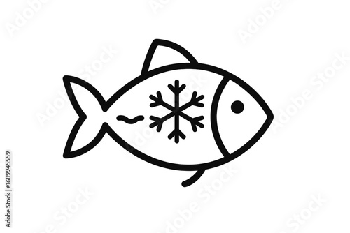 Frozen fish line icon. Seafood symbol with snowflake. Concept for freezing food, fishery product, grocery store. Minimalist outline pictogram for packaging, menu, seafood market.