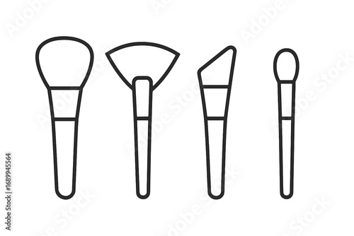 Makeup brush line icon set. Cosmetic tool collection for beauty application. Vector symbols for powder, foundation, blush, eyeshadow. Professional glamour kit illustration isolated.