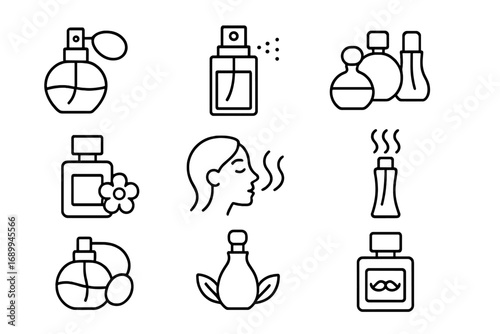 Perfume icon set for UI design, placards, books, apps, and web with editable stroke, transparent background, vector cartoon illustration, perfect for beauty and fragrance projects