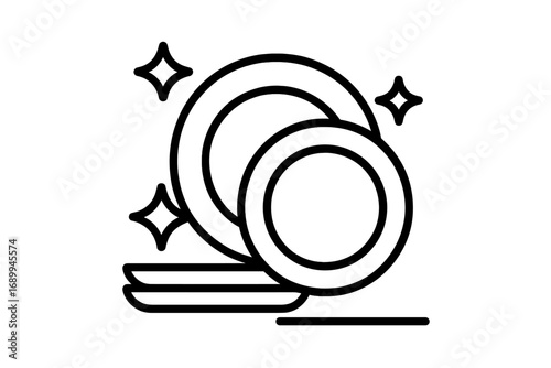 Clean dishes thin line icon. Sparkling plates vector symbol. Concept of dishwashing, household chores, kitchen hygiene. Simple outline pictogram for web, app, print design.