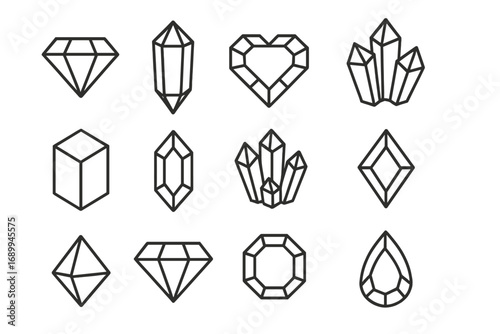 Diamond gem crystal line icon set. Minimalist collection of precious stones, jewels, minerals. Geometric outline symbols for luxury jewelry logo. Vector brilliant heart shapes.