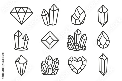 Crystal line icon set. Gem, diamond, jewel collection. Precious stone and mineral symbols. Esoteric, spiritual, and healing crystals. Minimalist vector outline for design.