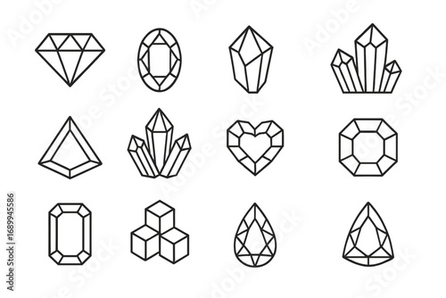 Diamond gem and crystal line icon set. Vector collection of jewels and precious stones. Outline geometric gemstone shapes for jewelry design, logo, web. Brilliant mineral icons.
