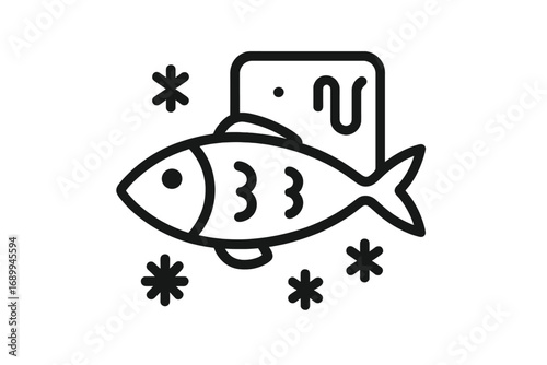 Frozen fish linear icon. Seafood product with ice cube symbol. Cold fresh fish for grocery store, market, or restaurant menu. Vector outline pictogram for healthy diet food.